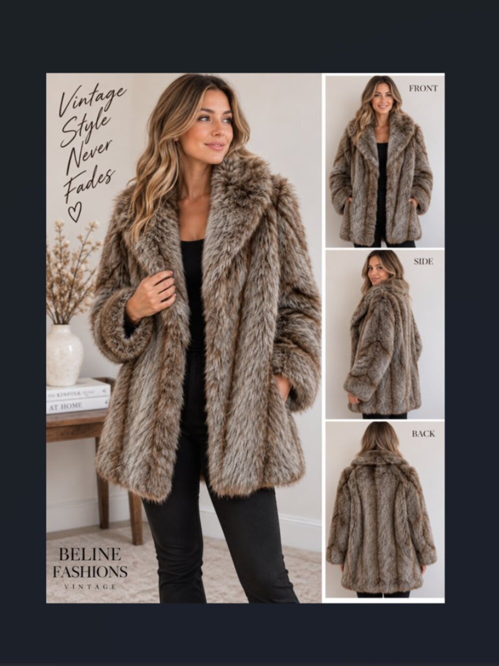 Vintage 1970s Beline Fashions Faux Fur Coat Brown Taupe M/L